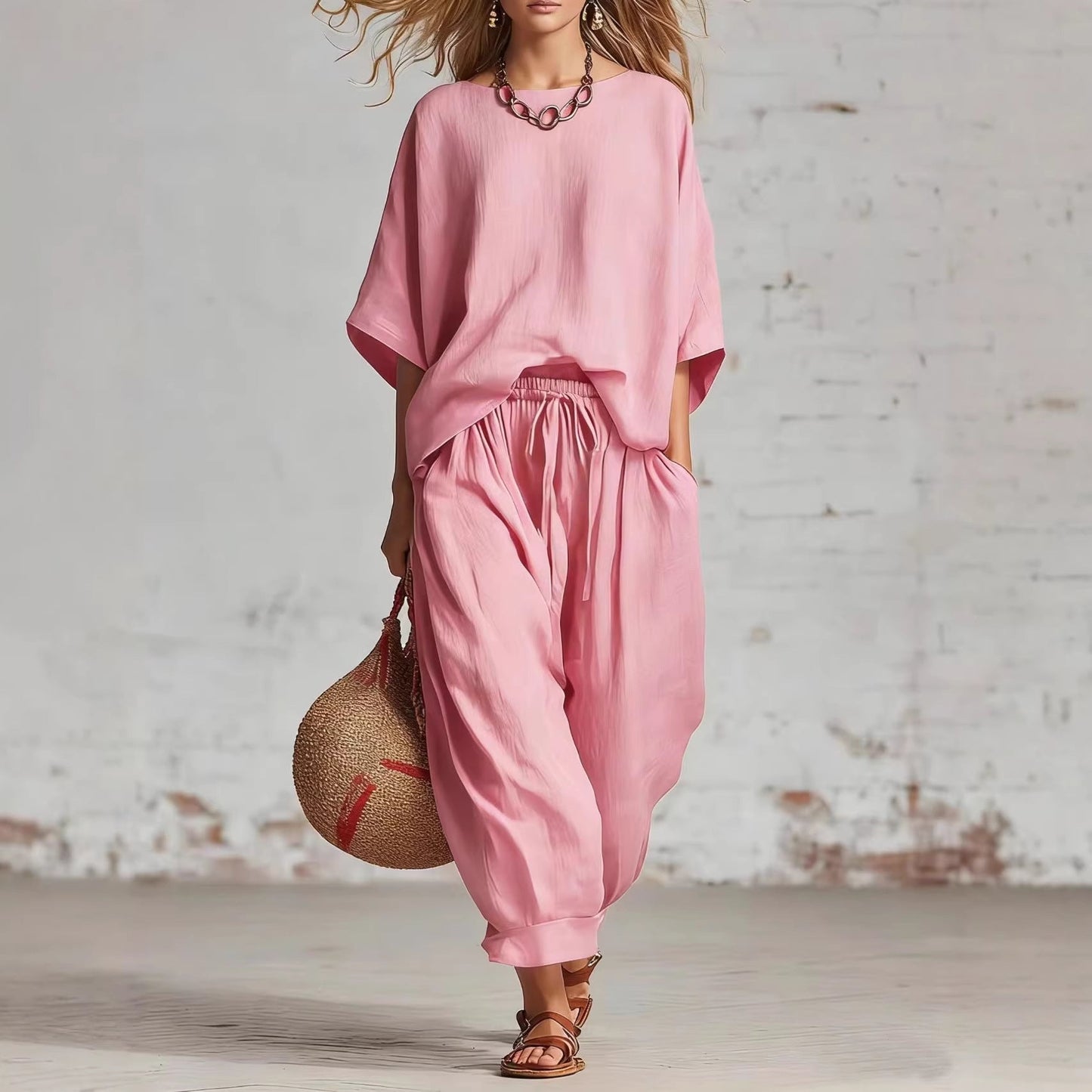 Women's Solid Color Loose Casual Set – T-Shirt & Ankle Pants FitiqueFit