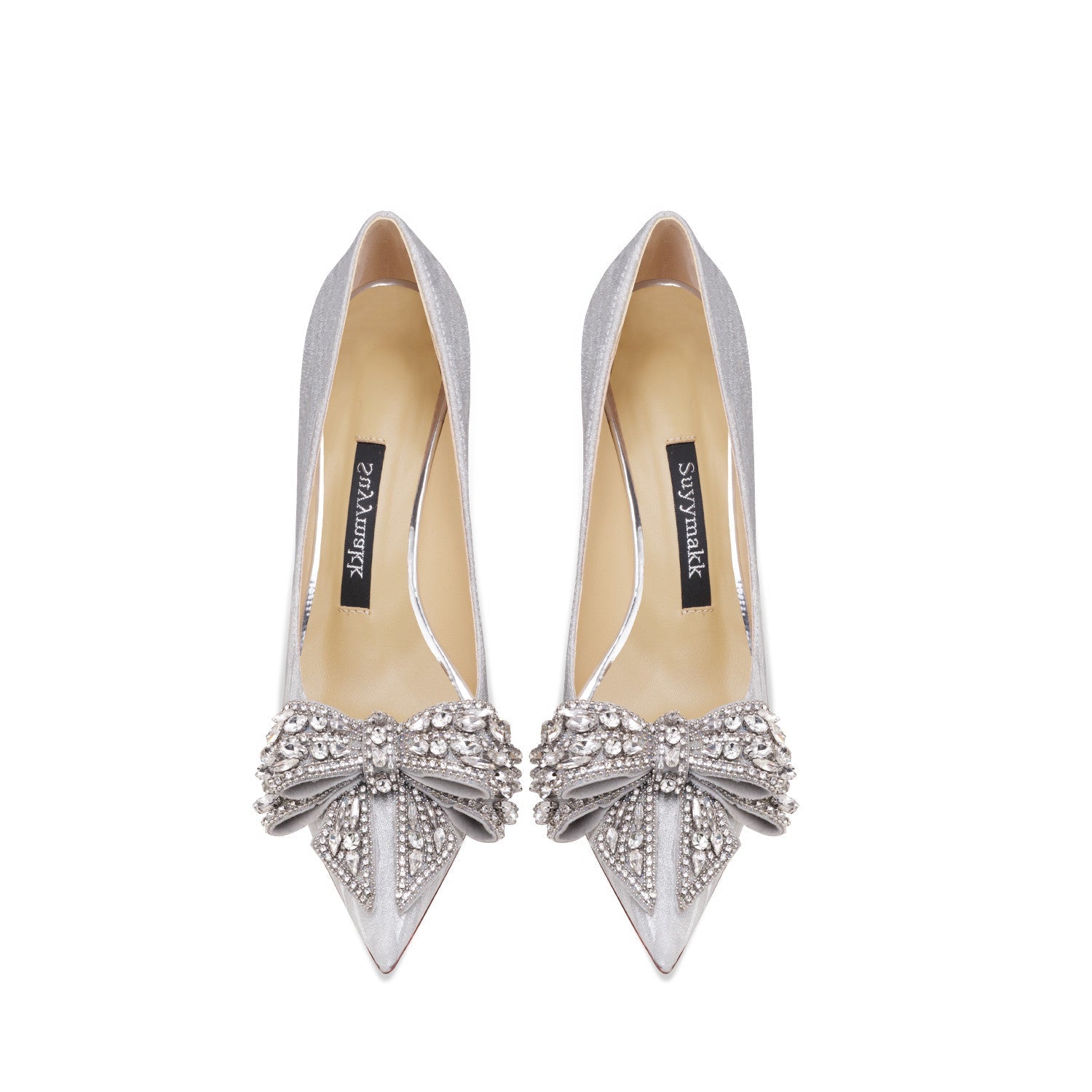 Genuine Leather Rhinestone Silver Bow High Heels See size chart under “more details” The Fashion Celestial