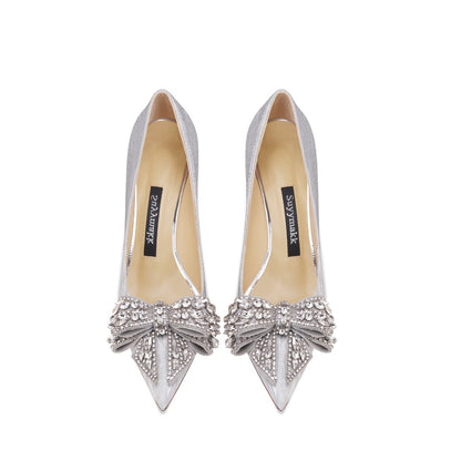 Genuine Leather Rhinestone Silver Bow High Heels See size chart under “more details” The Fashion Celestial