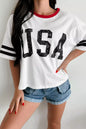USA Letter Printed Varsity Striped Sleeve Round Neck Tee New Era Fashion LLc