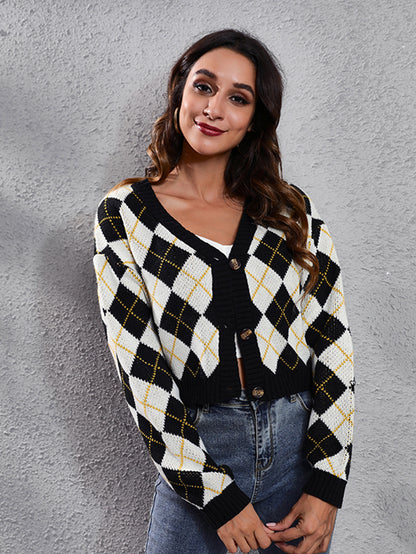 Women'S Elegant Tartan Knit Cardigan, V-Neck Short Length Sweater with Button Detail, Acrylic 100% Long Sleeve Knitwear for Fall/Winter NovaCart