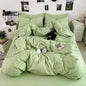 Washed Cotton Solid Color Double Spliced Four-Piece Bedding Set - Sheet, Quilt Cover, Pillowcases for Employee and Dormitory Use