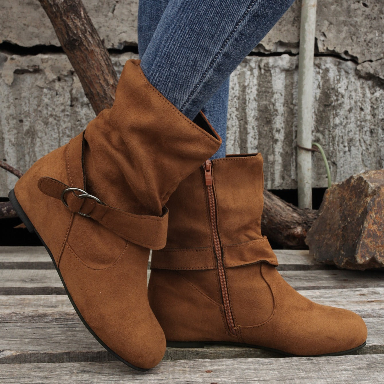 1.18inch Inner Height Increase Women's Short Boots with Flat Sole, Buckle Closure, Comfortable, Warm, and Lightweight, Women Shoes NovaCart