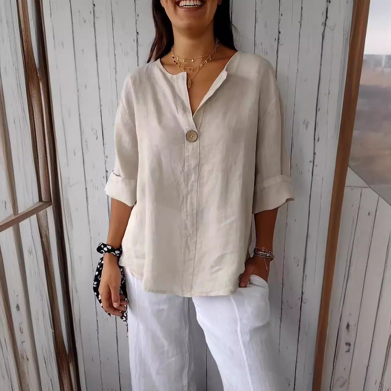 Women's V-Neck Long-Sleeve Button Top – Loose Fit Casual Blouse FitiqueFit