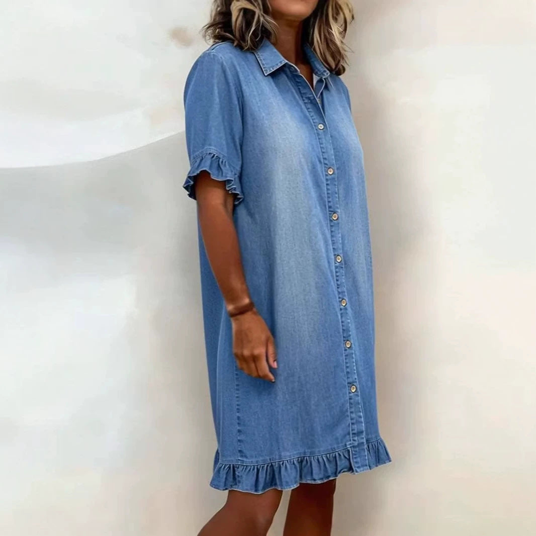 Women's Faux Denim Ruffle-Sleeve Shirt Dress FitiqueFit