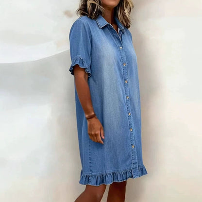 Women's Faux Denim Ruffle-Sleeve Shirt Dress FitiqueFit