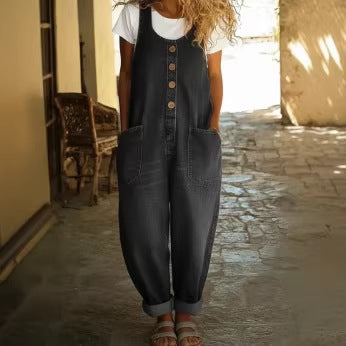 Retro Buckle Multi-Pocket Overalls Jumpsuit | 3/4 Sleeve FitiqueFit