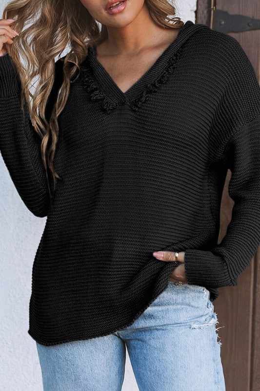 Solid Ribbed Drop Shoulder Hooded V-Neck Sweater Shop Style & More | Fresh Looks, Everyday Deals & Free Shipping