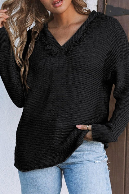 Solid Ribbed Drop Shoulder Hooded V-Neck Sweater Shop Style & More | Fresh Looks, Everyday Deals & Free Shipping