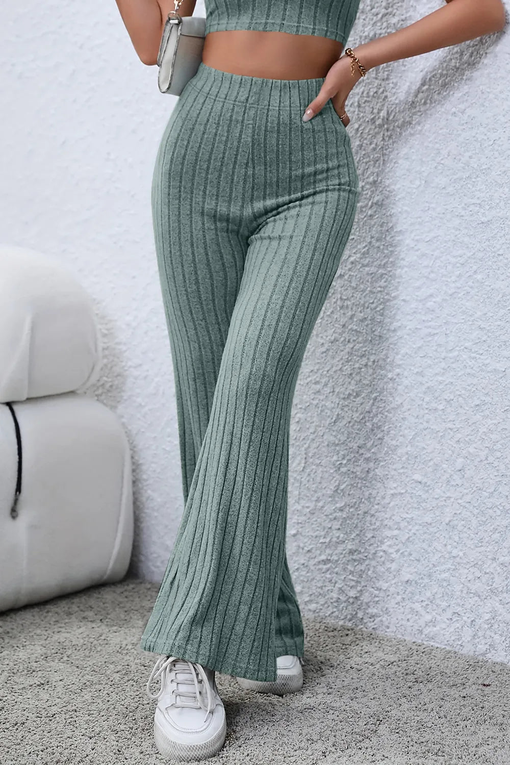Basic Bae Full Size Ribbed High Waist Flare Pants New Era Fashion LLc