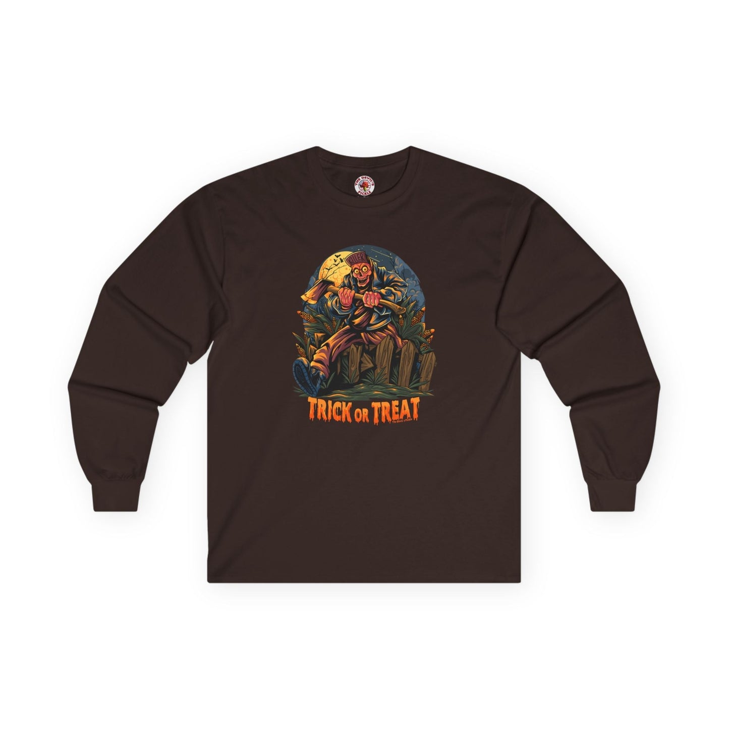 Axe Wielding Zombie Trick or Treat Long Sleeve Tee The Devil's Pickle