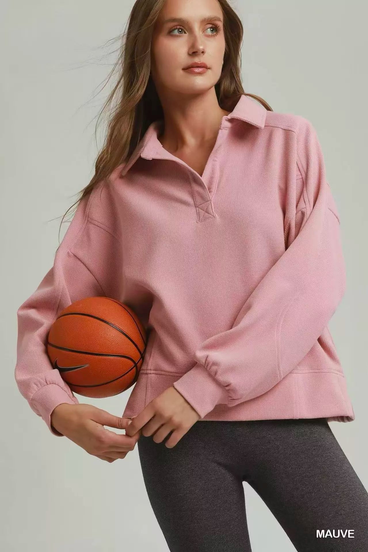 Umgee Brushed Waffle Polo Collared Pullover New Era Fashion LLc