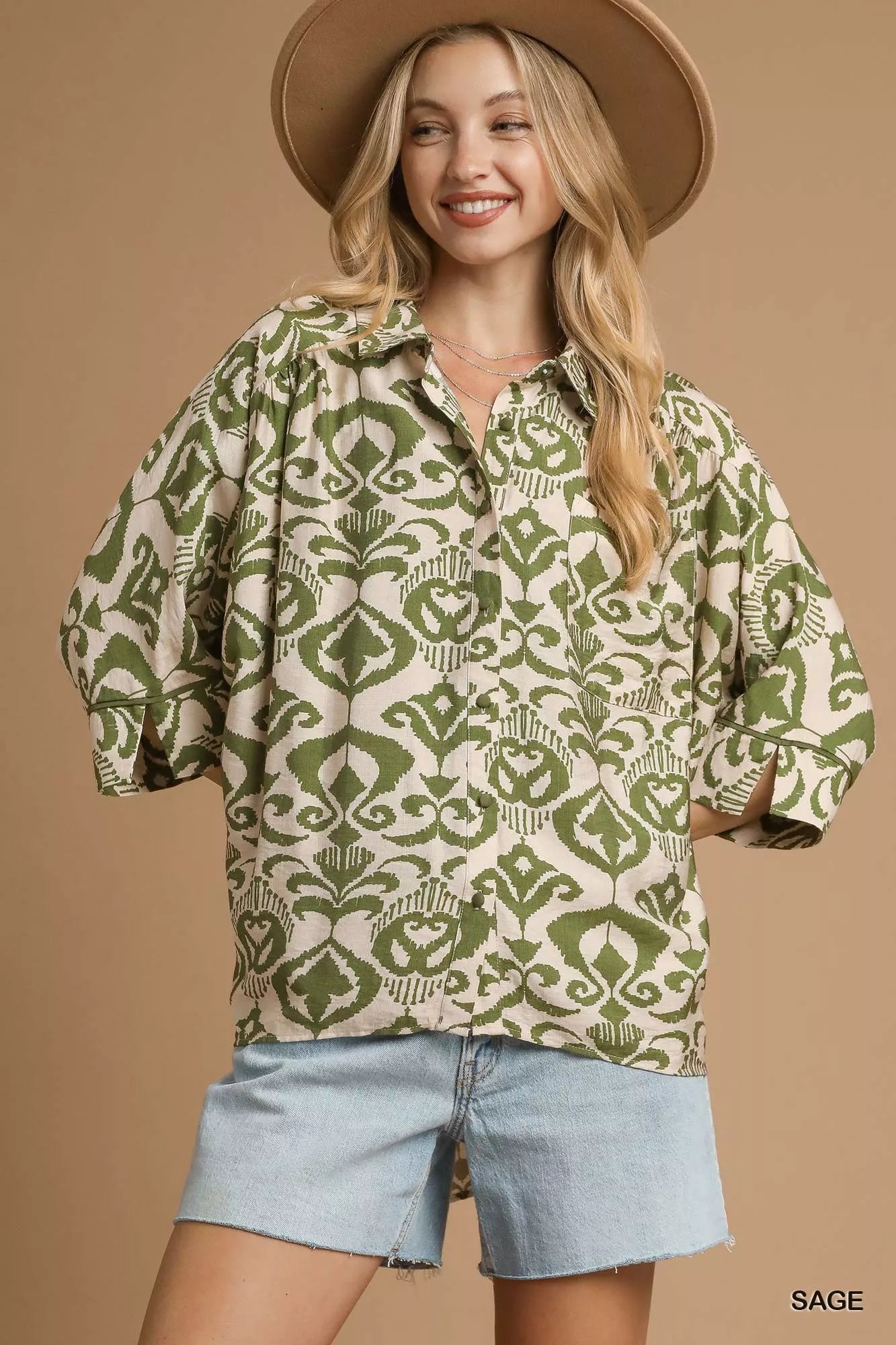 Umgee Abstract Print Button-Up Oversized Shirt FitiqueFit
