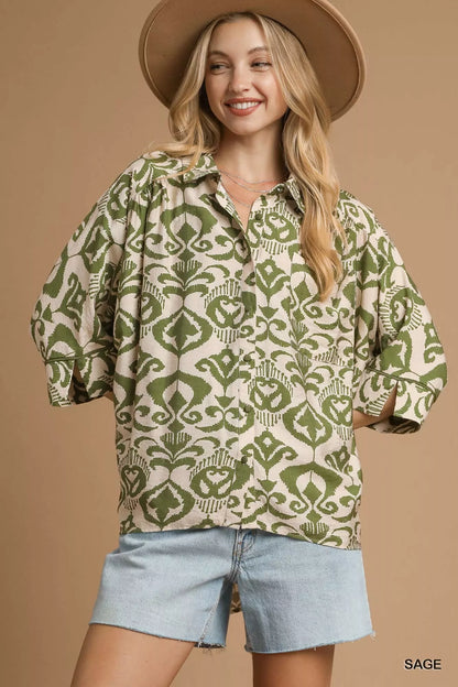 Umgee Abstract Print Button-Up Oversized Shirt FitiqueFit