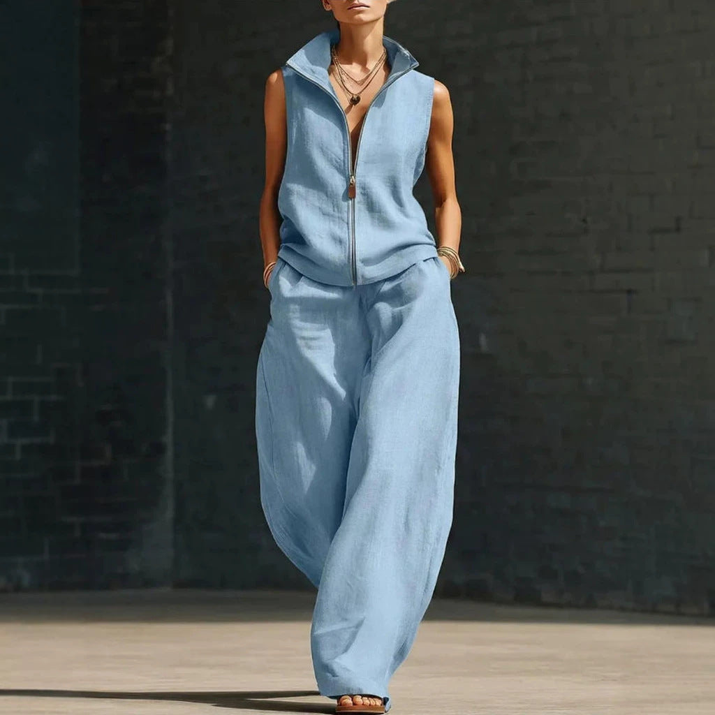 Women's Sleeveless Zippered Linen Two-Piece Set FitiqueFit