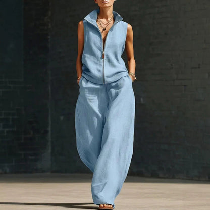 Women's Sleeveless Zippered Linen Two-Piece Set FitiqueFit