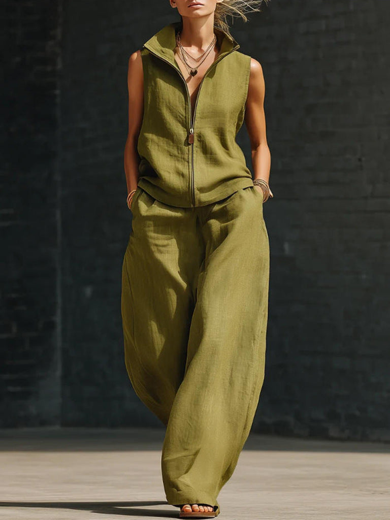 Women's Sleeveless Zippered Linen Two-Piece Set FitiqueFit