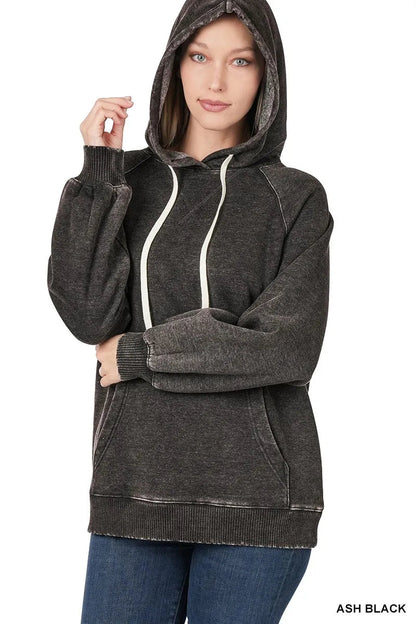 Zenana Acid Wash Fleece Hoodie with Drawstring West2East Surf