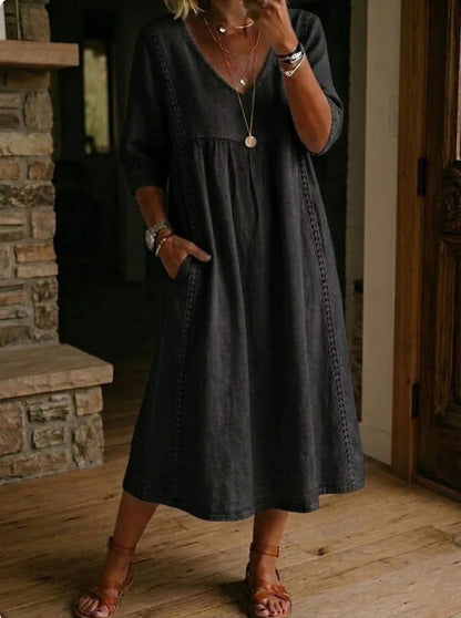 Women's Linen Cotton V-Neck Dress – Lace Trim, Loose Fit, 7 Colors FitiqueFit