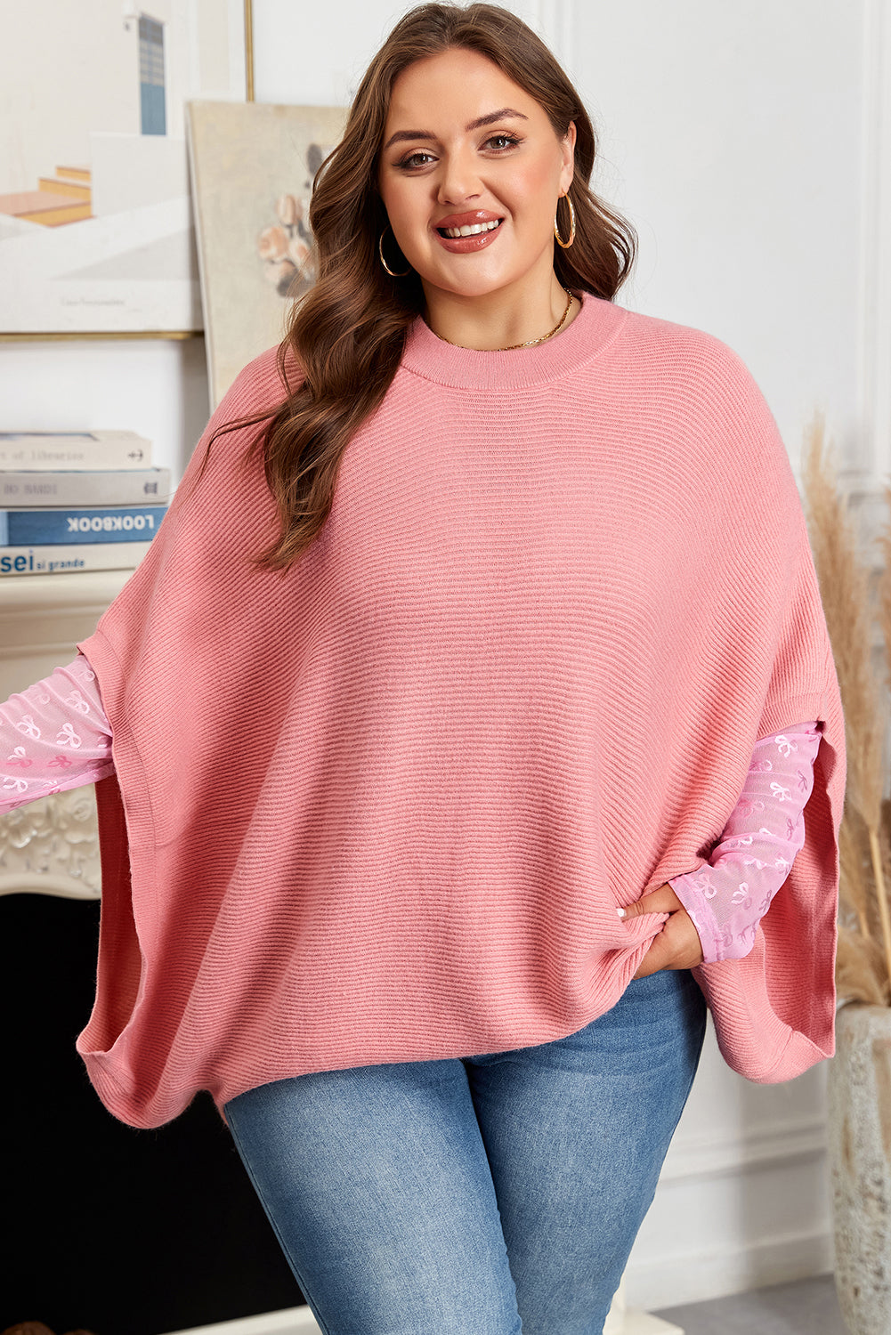 Light Pink Ribbed Knit Half Sleeve Plus Size Poncho Style Sweater Garden Naked Curves
