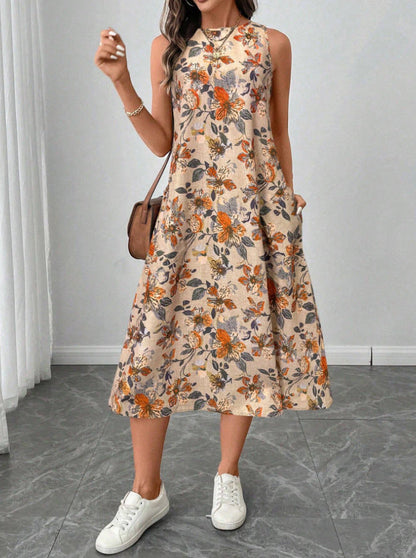 Floral Print A-Line Midi Dress with Pockets | Boho Vintage FitiqueFit