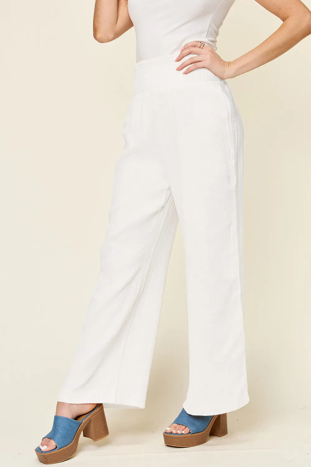 Double Take Full Size Texture Smocked Waist Wide Leg Pants New Era Fashion LLc