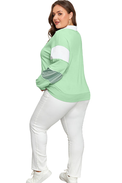 Moonlight Jade Color Block Striped Patchwork Collar V Neck Plus Size Sweatshirt Garden Naked Curves