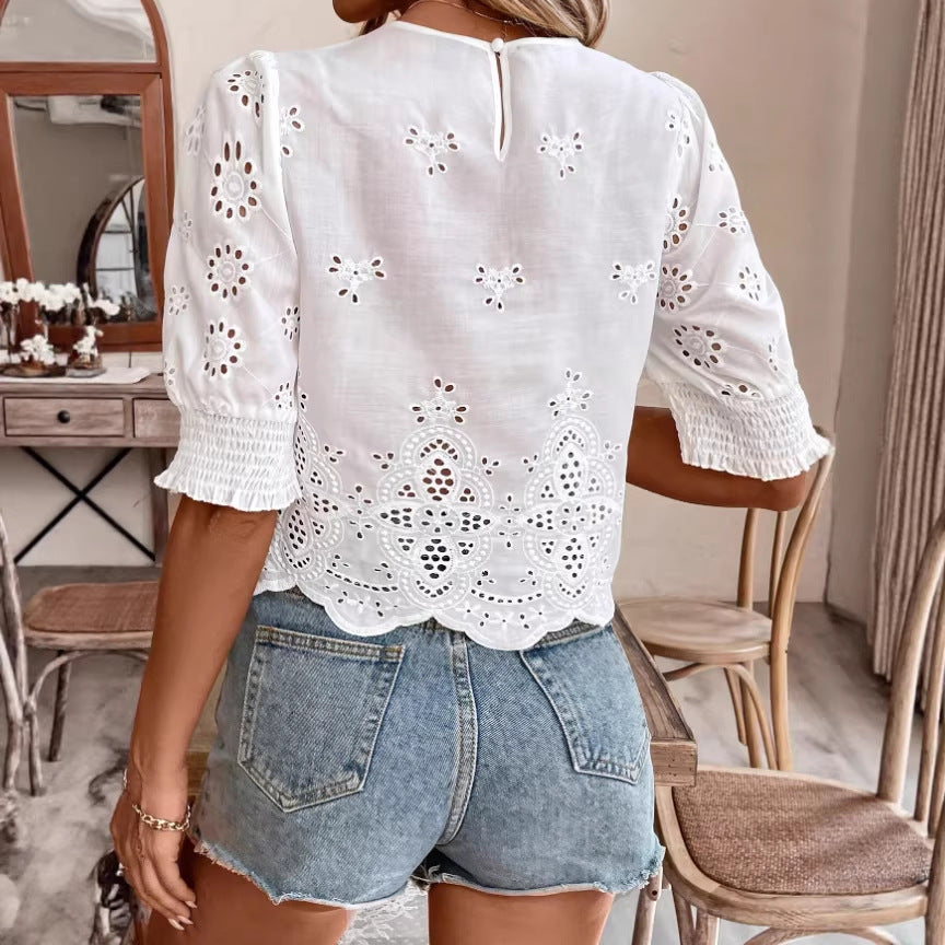 Hollow-Out Embroidered Three-Quarter Sleeve Shirt – Women's Elegant Pullover Top FitiqueFit