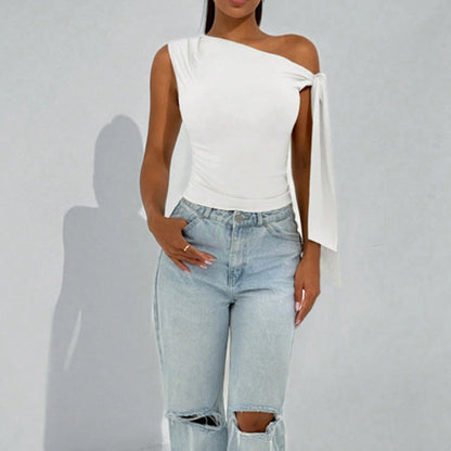 Women’s One-Shoulder Asymmetrical Tie Shoulder Top – Going Out & Party Shirt FitiqueFit