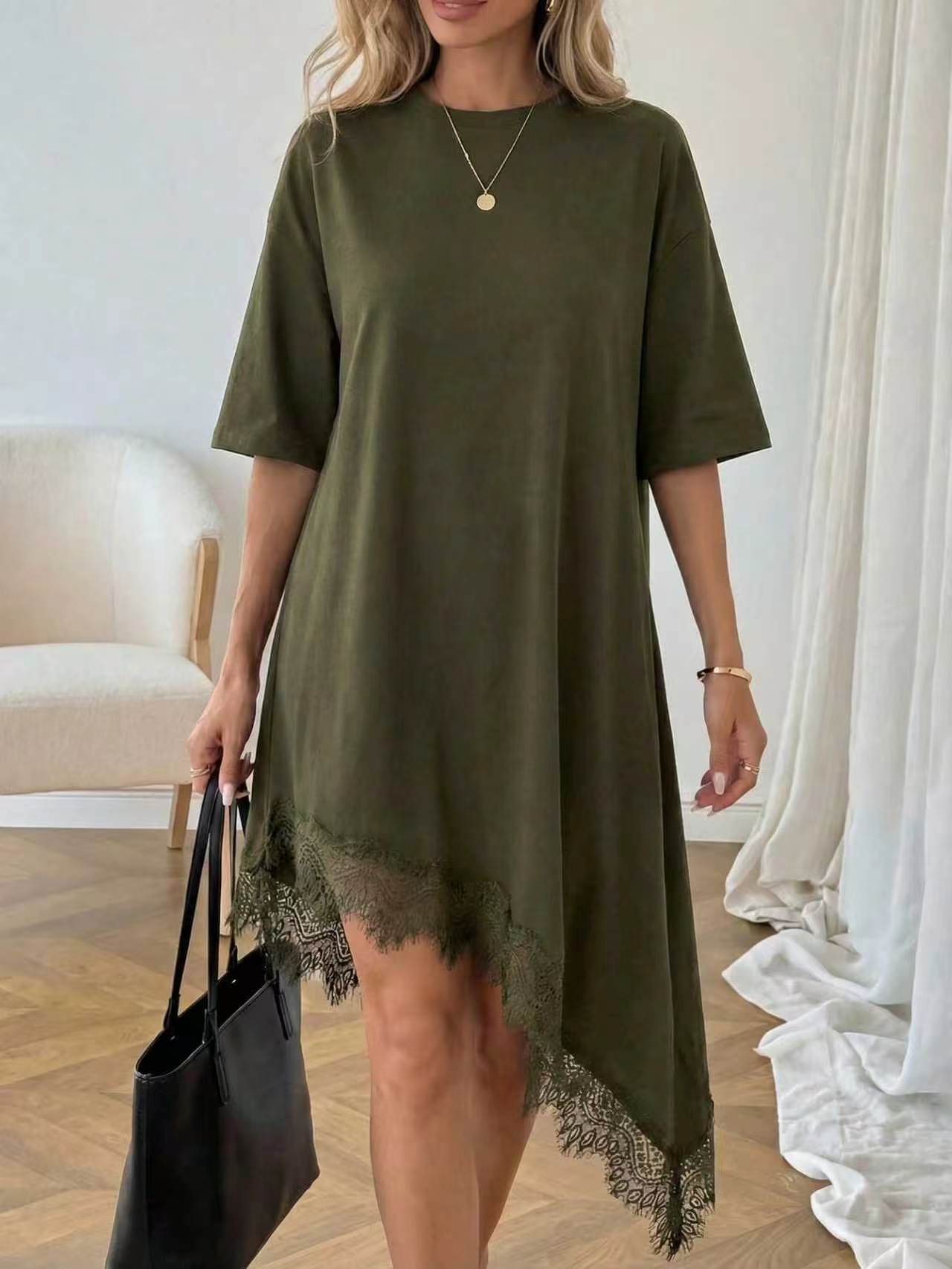 Women's Lace Trim Asymmetric Three-Quarter Sleeve Dress FitiqueFit