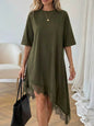 Women's Lace Trim Asymmetric Three-Quarter Sleeve Dress FitiqueFit