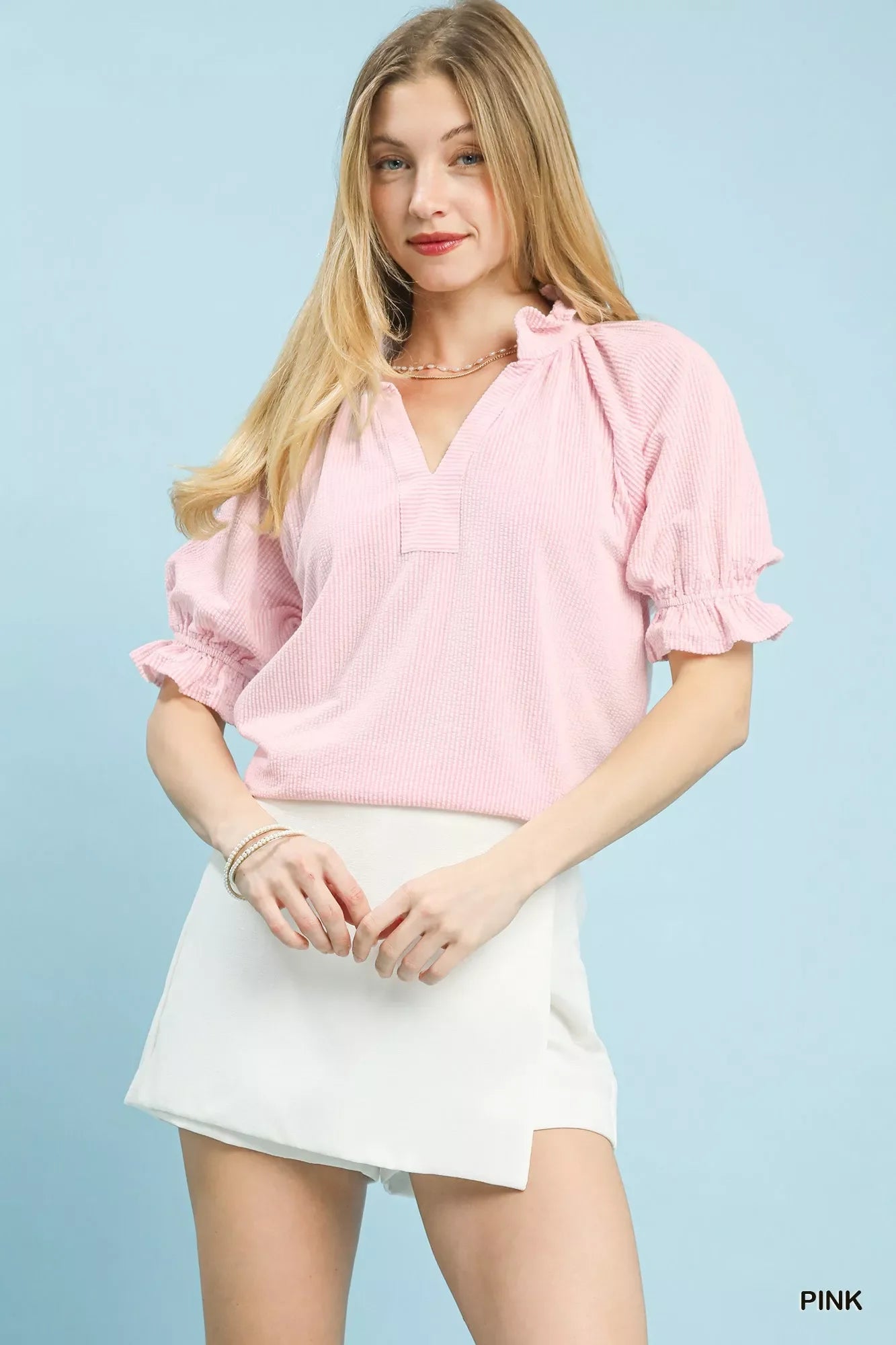 Umgee Textured Ruffle Sleeve V-Neck Top Montret
