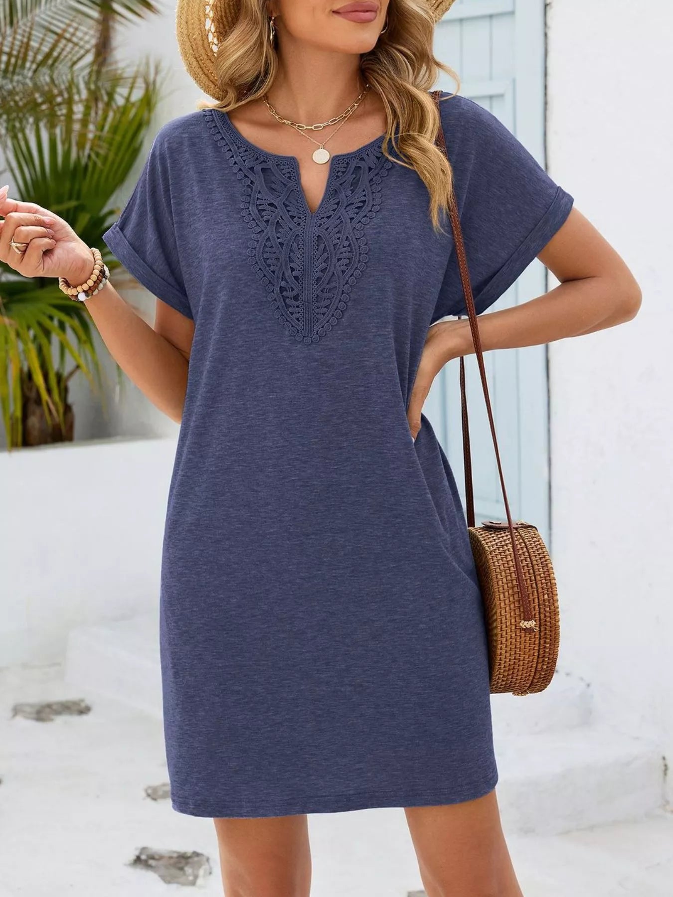 Lace Trim Notched Short Sleeve Dress New Era Fashion LLc