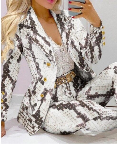 Women's Printed Coat & Trousers Two-Piece Set – 19 Prints, Casual Fashion Suit FitiqueFit
