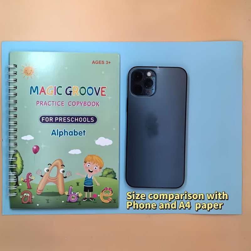 4-Piece Set of Kindergarten Learning Supplies: Children's Hard Pen Grooved Copybook, Magic Calligraphy Practice Book, Educational and Scientific Toy Grooved Copybook, Fade-Resistant Embossed Writing Practice Book, Reusable Ma NovaCart
