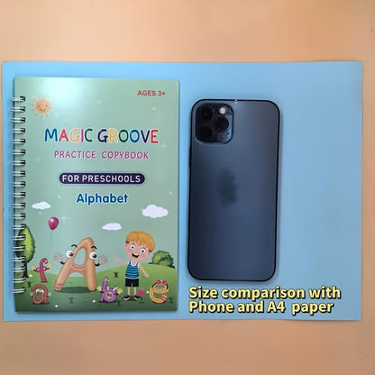 4-Piece Set of Kindergarten Learning Supplies: Children's Hard Pen Grooved Copybook, Magic Calligraphy Practice Book, Educational and Scientific Toy Grooved Copybook, Fade-Resistant Embossed Writing Practice Book, Reusable Ma NovaCart