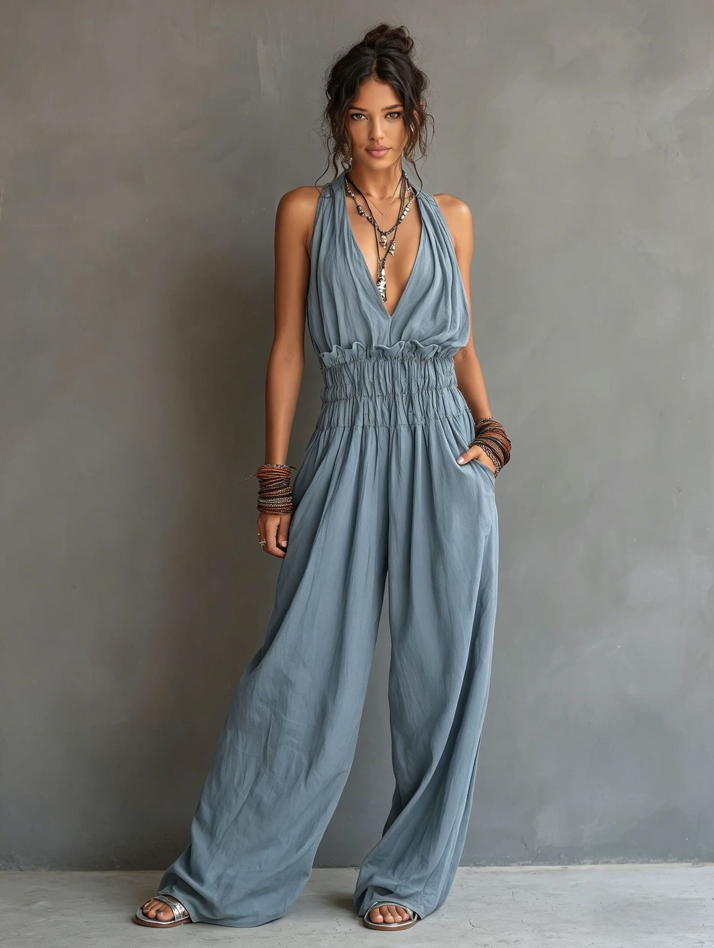 Women's V-Neck Halter Jumpsuit – Sleeveless Open Back Waist-Cinching FitiqueFit
