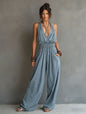 Women's V-Neck Halter Jumpsuit – Sleeveless Open Back Waist-Cinching FitiqueFit