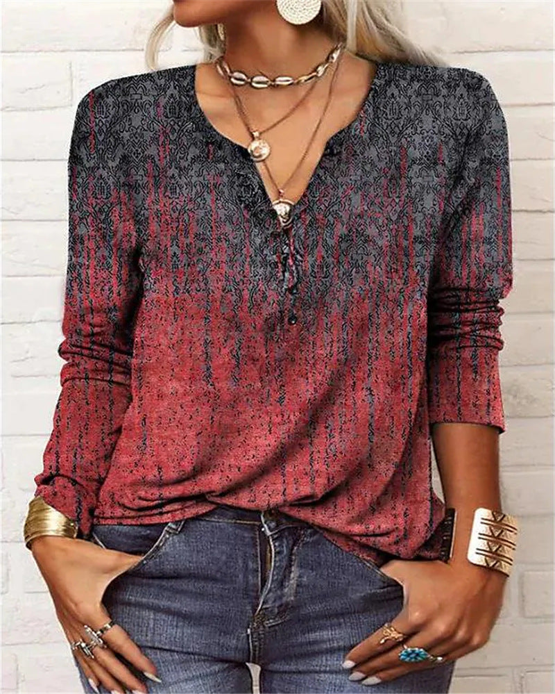 Women's Ethnic Print V-Neck Long Sleeve Loose T-Shirt FitiqueFit
