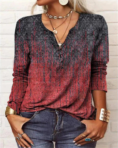 Women's Ethnic Print V-Neck Long Sleeve Loose T-Shirt FitiqueFit