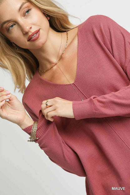 Umgee V-Neck High Low Hem Knit Top with Side Slit West2East Surf