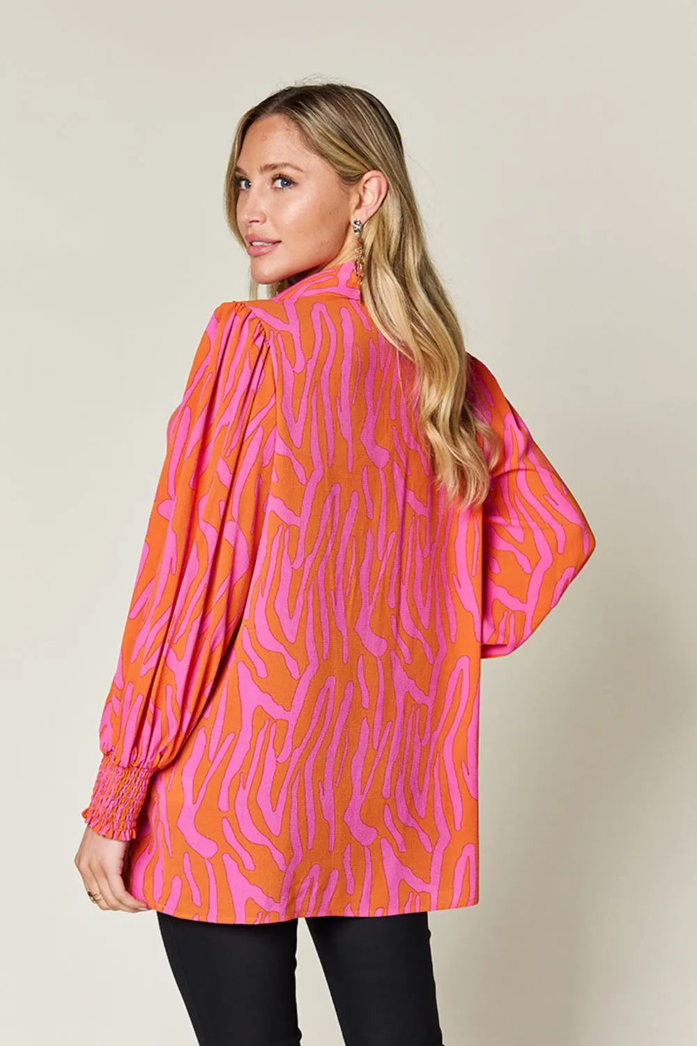 Double Take Full Size Printed Smocked Long Sleeve Blouse Plus Size New Era Fashion LLc