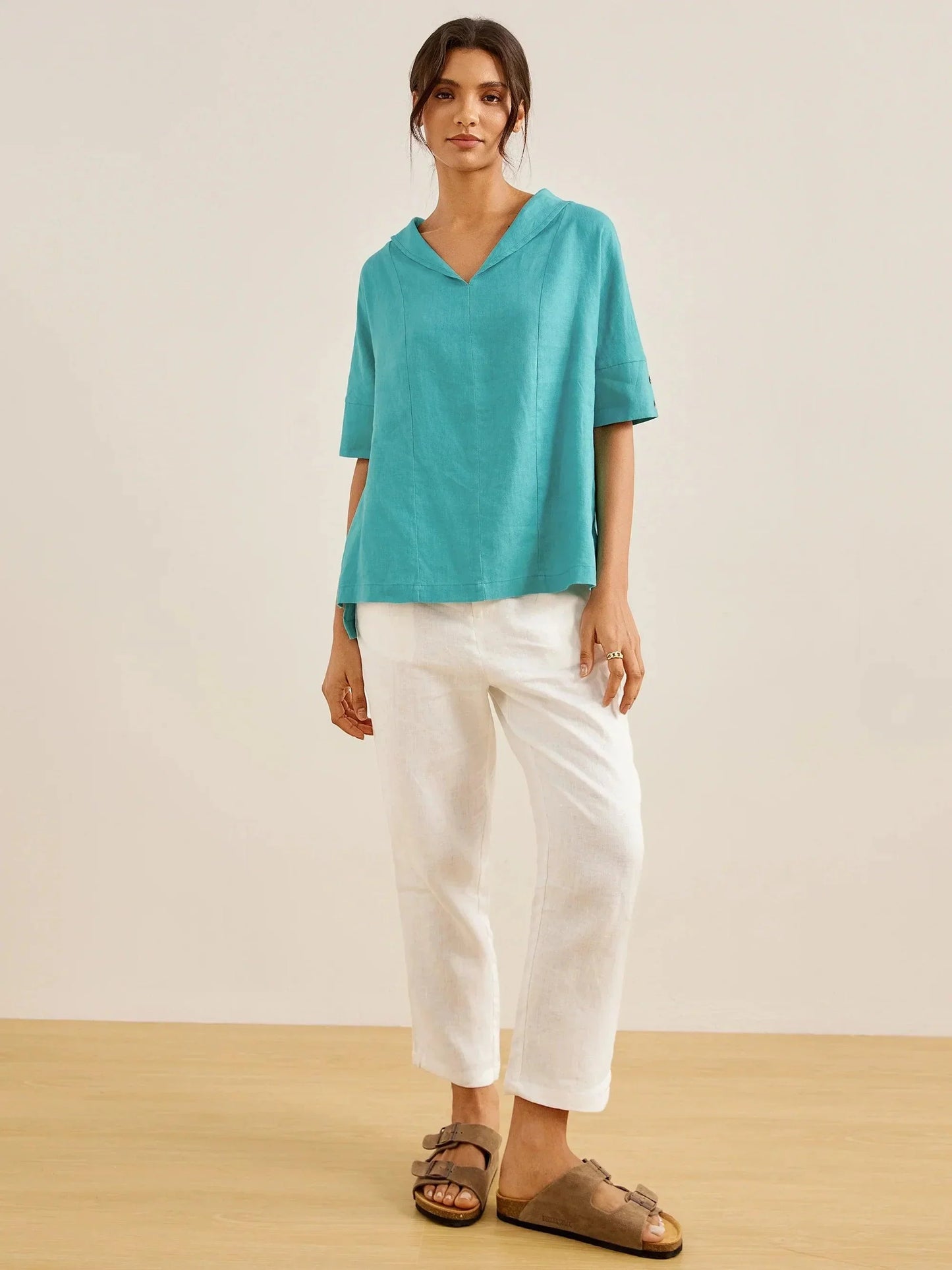 100% Linen V-Neck Short Sleeve Shirt SIERRA LINTICO