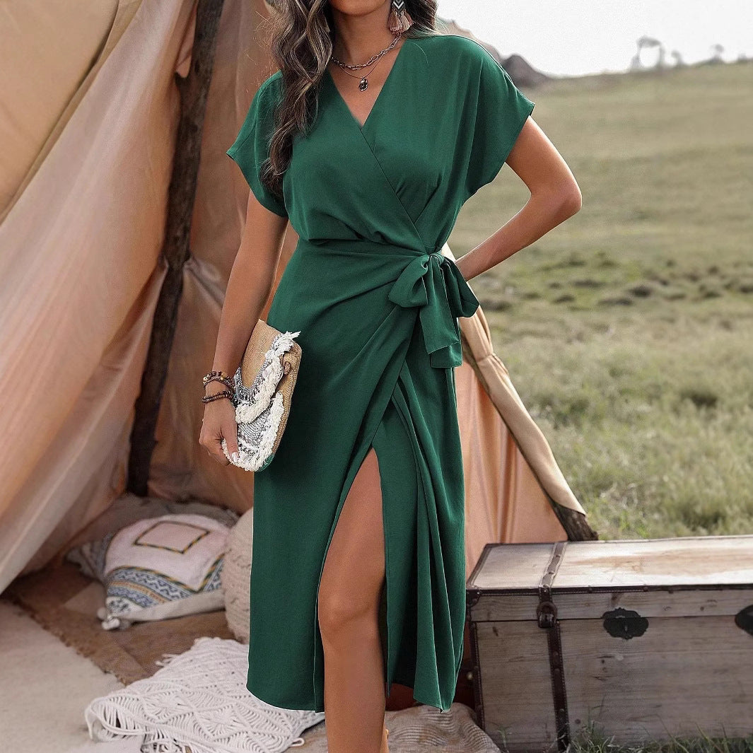 Commuting Fashion Forged Split Women's Solid Color Wrap Suspender Dress Grayceful LLC