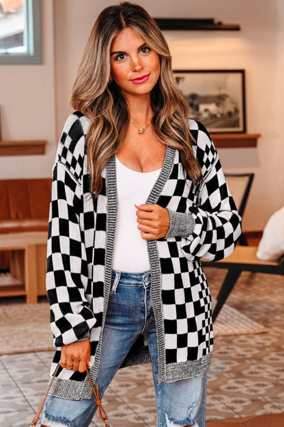 Checker Open Front Drop Shoulder Cardigan Shop Style & More | Fresh Looks, Everyday Deals & Free Shipping