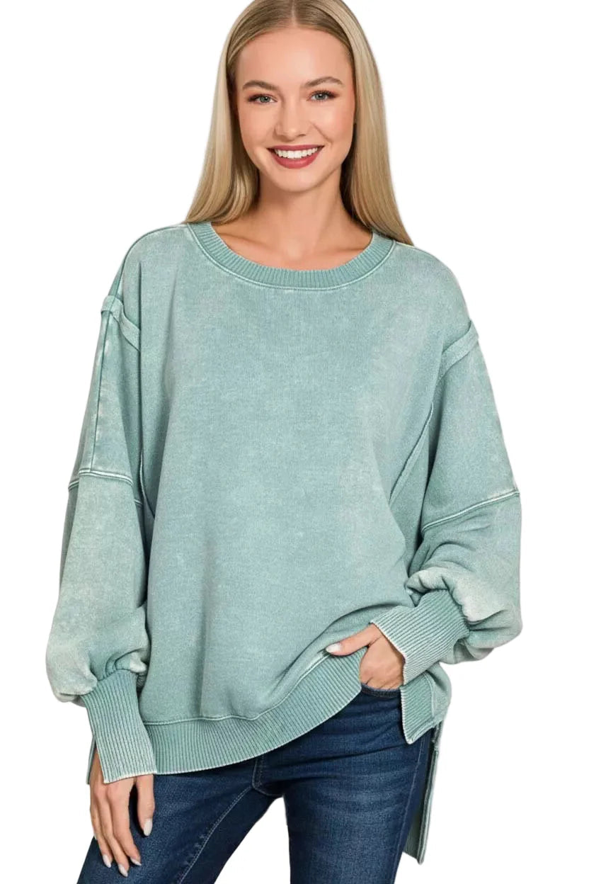 Zenana Acid Washed Batwing Sleeve Fleece Sweatshirt West2East Surf