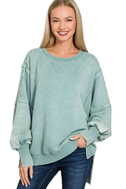 Zenana Acid Washed Batwing Sleeve Fleece Sweatshirt West2East Surf