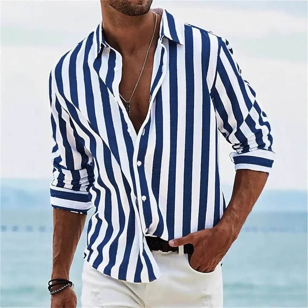 Striped Print Shirt Casual Loose Long-sleeved Shirt Men's Clothing SnagBag
