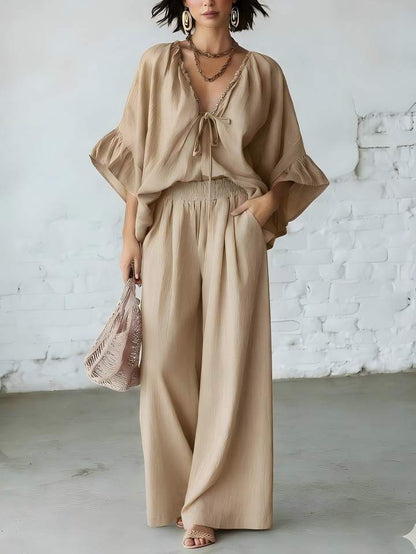 Women's Loose-Fit V-Neck Top & Wide-Leg Pants Two-Piece Set FitiqueFit