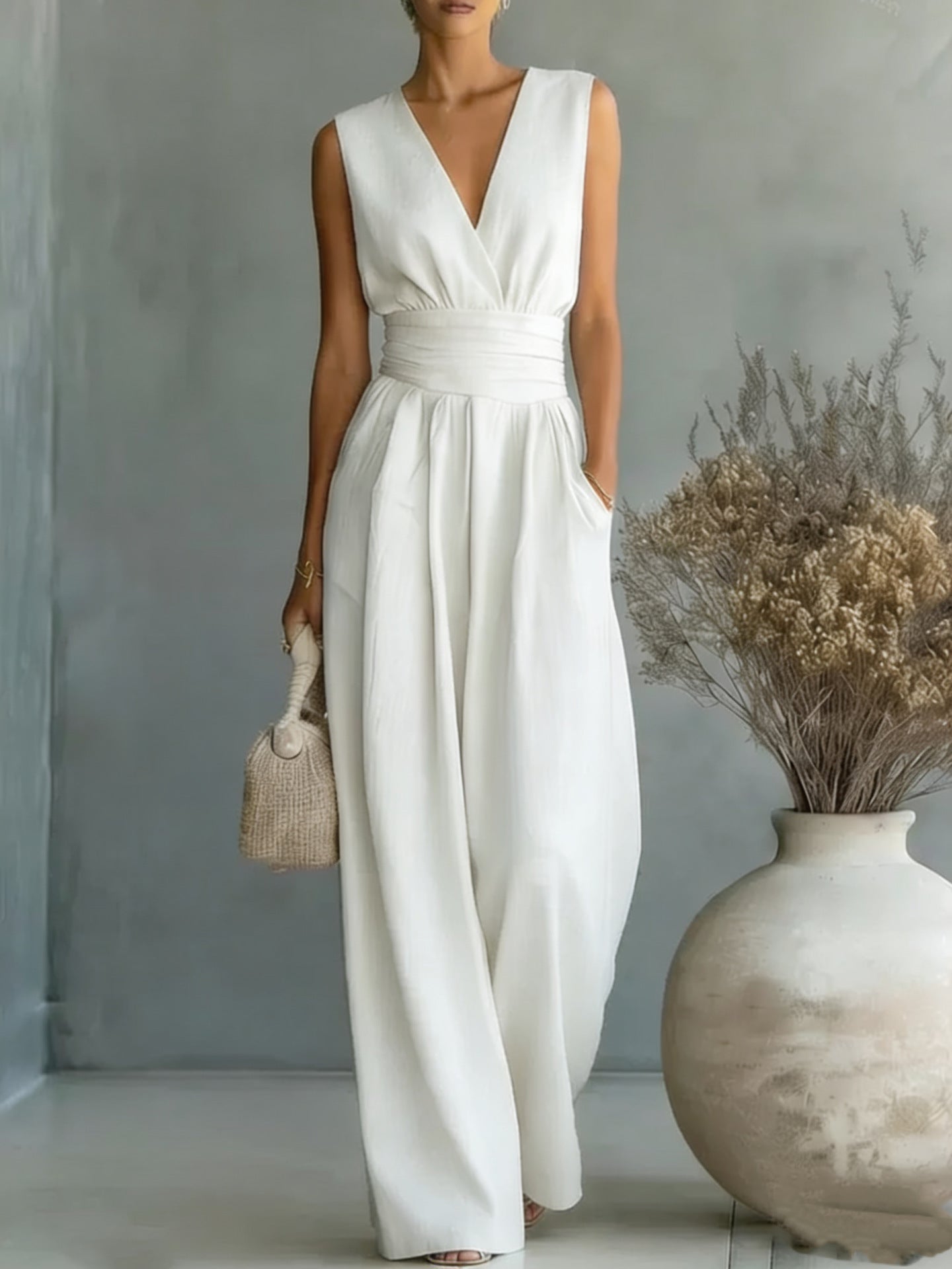 Women's Elegant V-Neck Sleeveless Jumpsuit – Waist-Cinching Straight Leg FitiqueFit